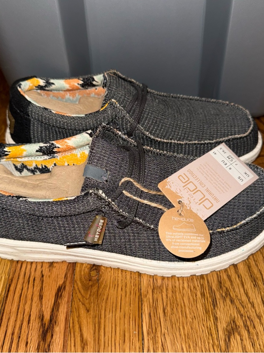 NWT- Hey Dude Men's Black Slip-On Loafers with Yellow & Cream Patterned Lining